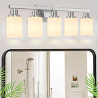 5-Light Bathroom Light Fixtures, 30" Nickel Bathroom Vanity Light with Milky White Glass Shade, Modern Bathroom Wall Lights Over Mirror, Farmhouse Wall Sconces Lighting for Bedroom Living Room