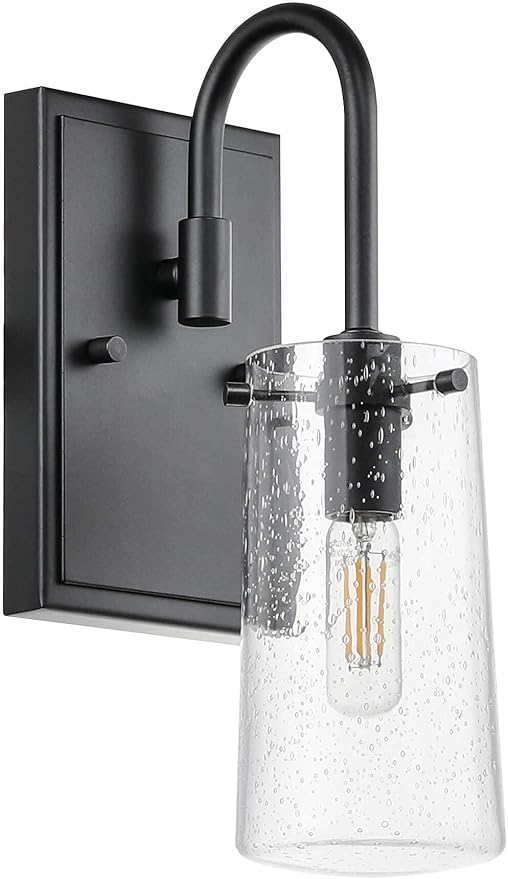 XiNBEi Lighting Wall Sconce, Industrial 1 Light Vanity Sconce Light Seeded Glass Bathroom Wall Light Matte Black Finish XB-W1283-1-MB