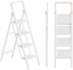 Step Ladder 4 Step Folding Stool with Anti-Slip Widened Sturdy Pedal and Handgrip, Portable and Multi-Use Iron Stepladder for Home, Kitchen, 300 lbs Capacity -White
