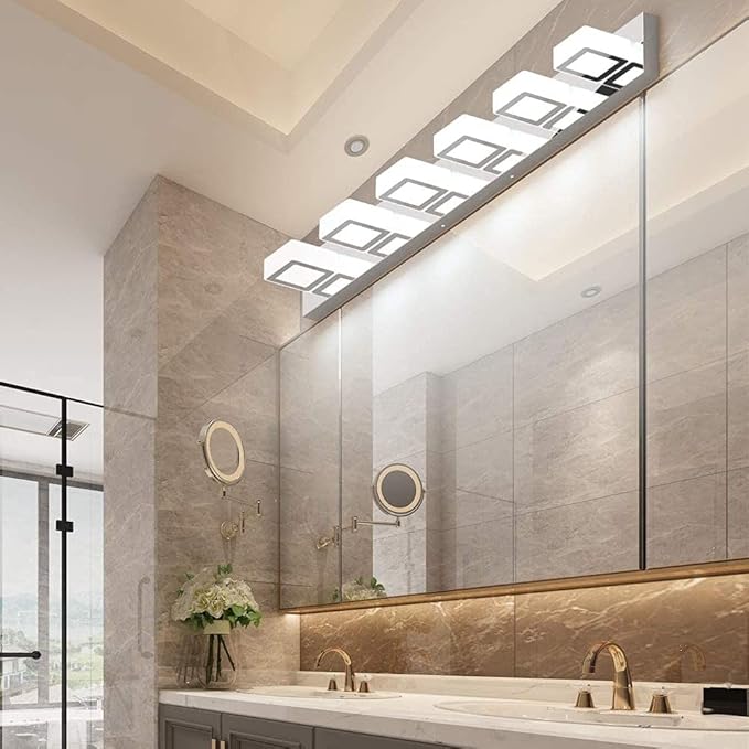 Ralbay Modern Chrome Bathroom Vanity Lights Dimmable 6 Lights Acrylic Stainless Steel Modern LED Vanity Light Fixtures for Bathroom Lighting Dimmable 6000K Cool White Light