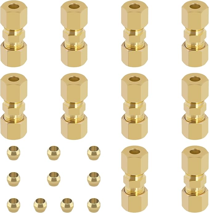 Brass Compression Tube Fitting, 10 PCS 3/16" OD x 3/16" OD Compression Union Connectors & 10 PCS Compression Sleeves Ferrules