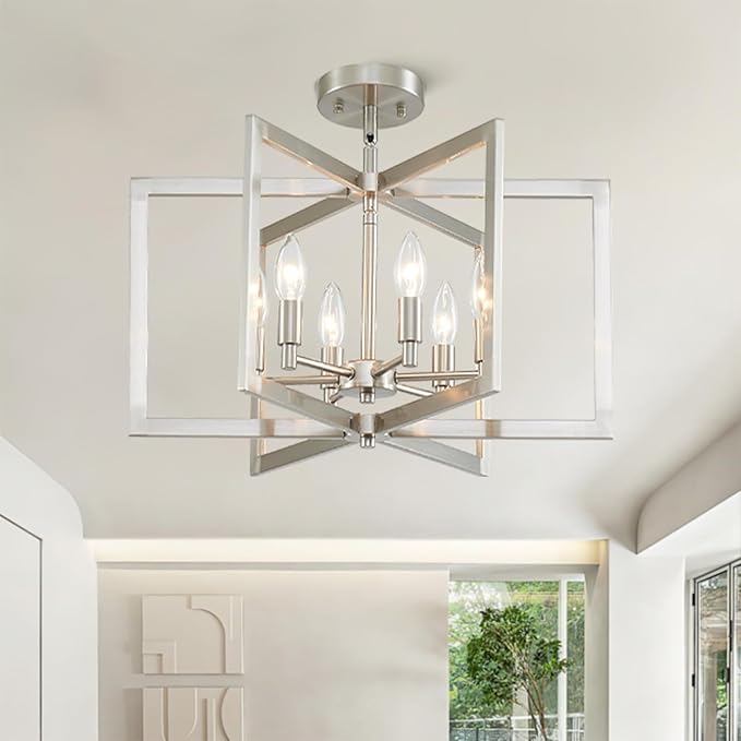 Brushed Nickel Chandelier 6-Light, Dining Room Light Fixture Geometric Metal Modern Chandelier Lighting for Kitchen Island Living Room Entryway, 20 Inch Pendant Lighting Hanging Ceiling Lamp