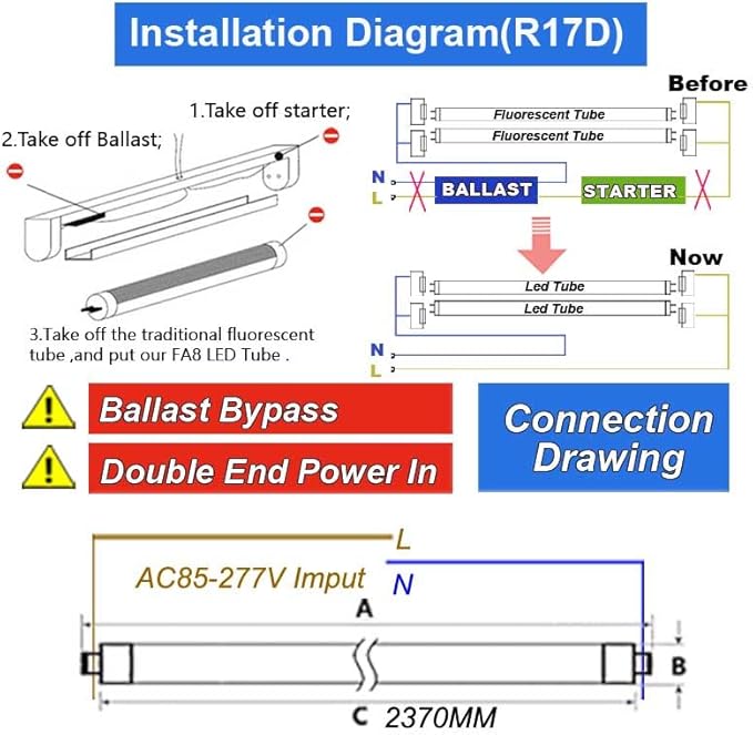 8Ft LED Ballast Bypass Bulbs 2 Pin,T8 LED Bulbs 8 Foot R17D Rotatable F96T12 HO LED Replacement Tube,144W T10 T12 8' Shop Lights,Double End Power 96", 18000LM Cold White 6500K,Clear Cover