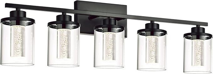 5-Light Black Bathroom Vanity Lights,Modern Wall Lamps for Bedroom,Dimmable Led Vanity Lighting for Bathroom Mirror,5CCT LED Wall Sconces Light Fixtures with Clear Glass Shade