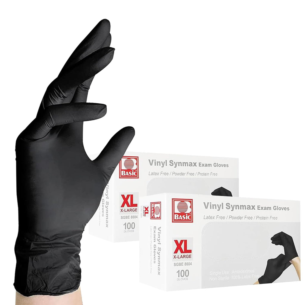 Jointown Vinyl Exam Gloves- 4 mil Safty Glove Latex-Free & Powder-Free, SGBE 8004 Synmax Disposable Medical Glove X-Large (2 Boxes of 100, Black)