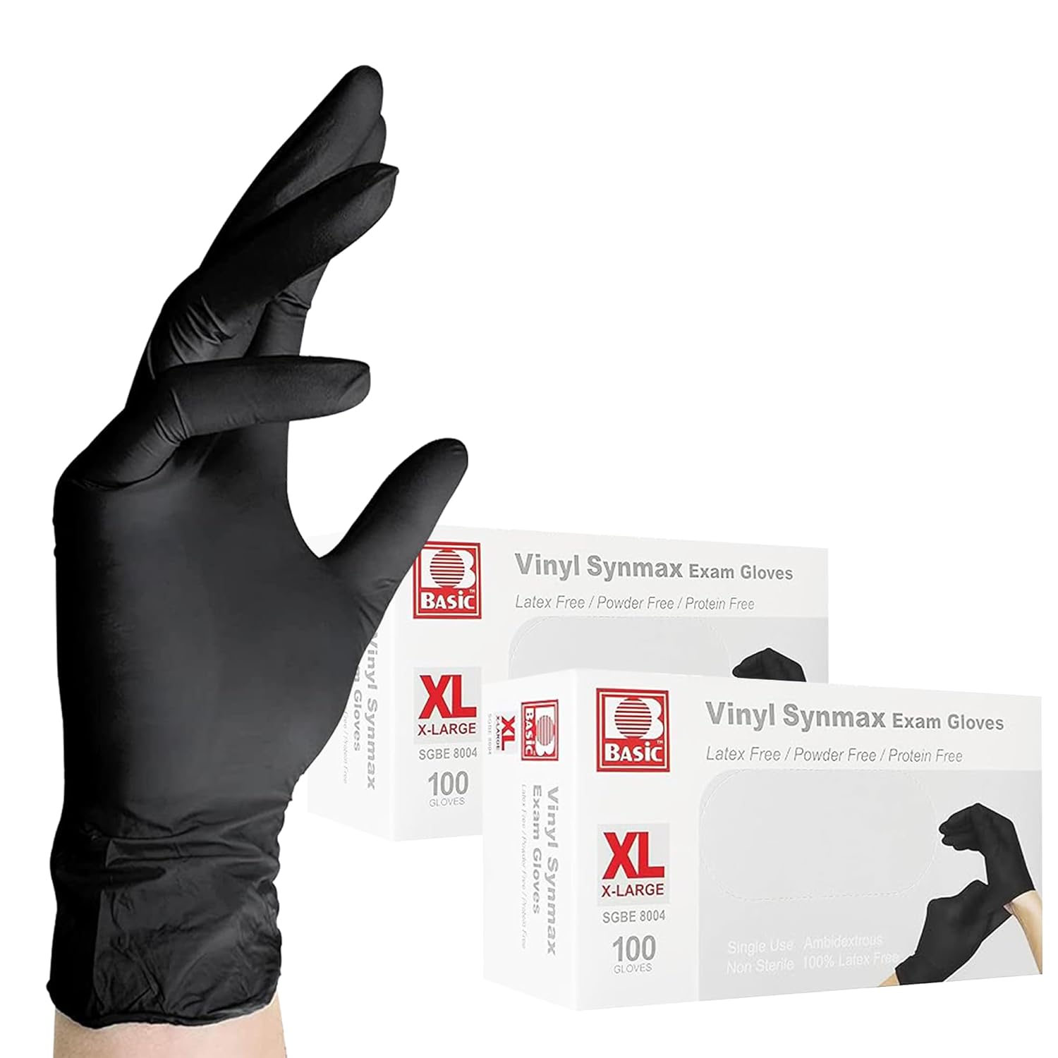 Jointown Vinyl Exam Gloves- 4 mil Safty Glove Latex-Free & Powder-Free, SGBE 8004 Synmax Disposable Medical Glove X-Large (2 Boxes of 100, Black)