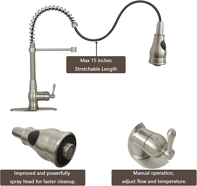 Akicon Pre-Rinse Spring Kitchen Faucet, Single Handle Solid Brass High Arc Pull Down Sprayer Head Kitchen Sink Faucet with Deck Plate