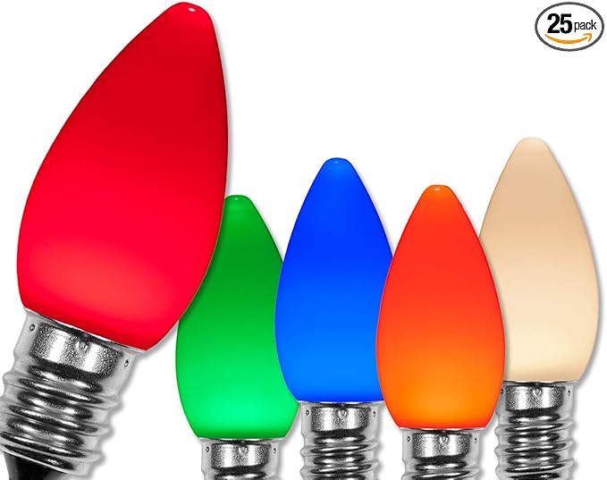 Wintergreen Lighting 25 Pack OptiCore C7 LED Christmas Light Bulbs - Replacement LED Christmas Lights Heavy Duty Premium Outdoor Christmas Lights, E12 Base (Multicolor Smooth)