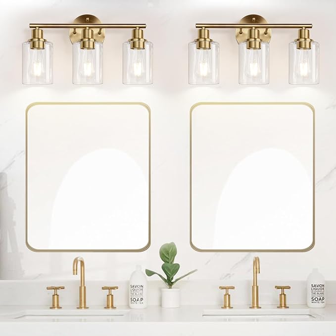 3-Light Bathroom Light Fixtures, Brushed Brass Bathroom Wall Lights with Clear Glass Shade, Modern Bathroom Wall Lamp for Mirror Kitchen Living Room Hallway Cabinet