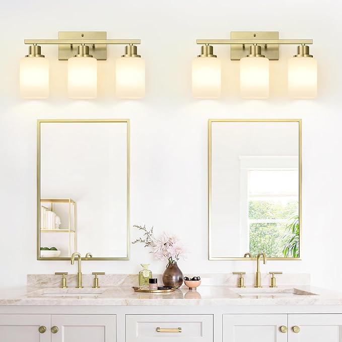 3-Light Bathroom Light Fixtures, Brass Vanity Light with Milky White Shades, Bathroom Lighting Fixtures Over Mirror, Modern Bathroom Wall Lamp for Mirror Living Room Cabinet Bedroom