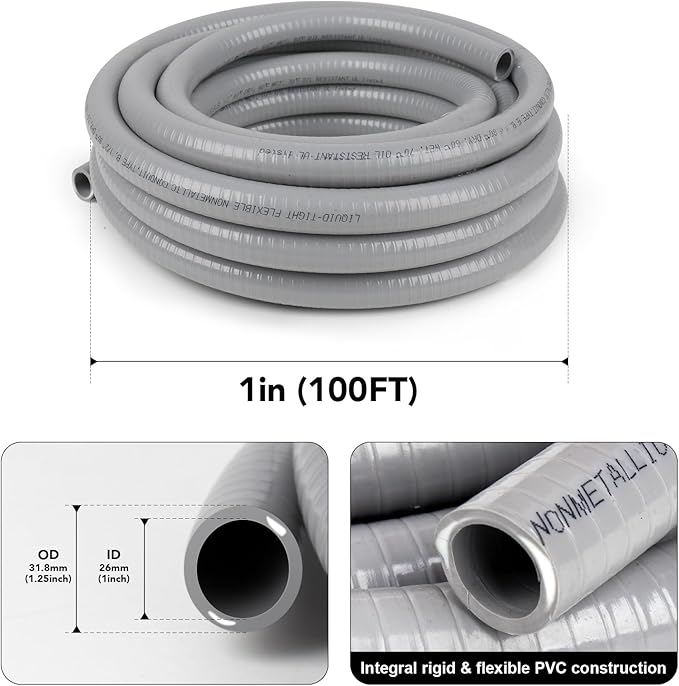 1 inch 100ft Liquid-Tight Conduit and Connector Kit,Flexible Non-Metallic Liquid Tight Electrical Conduit Kit with 5 Straight and 3 90-Degree Connector Fittings,1in. Dia