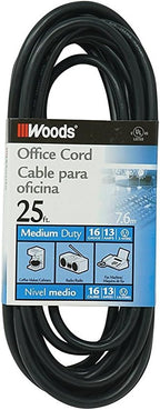 Woods Light Duty Extension Cord - Indoor Power Solution for Office & Household Use - SJTW Extension Cord - 16 Gauge - 3 Conductor - 25 Feet - Black