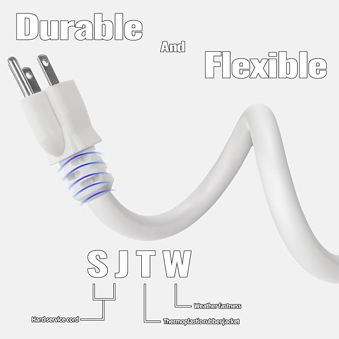 6 Ft Outdoor Extension Cord - 12/3 SJTW Heavy Duty White Extension Cable with 3 Prong Grounded Plug - Power Cord for Lawn, Garden, Appliances