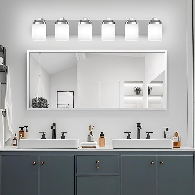 6-Light Bathroom Light Fixtures, Chrome Vanity Lights for Bathroom Mirror Lamp with Milky White Square Glass Shade, E26 Base Modern Wall Sconce Kitchen Light Fixtures Led Vanity