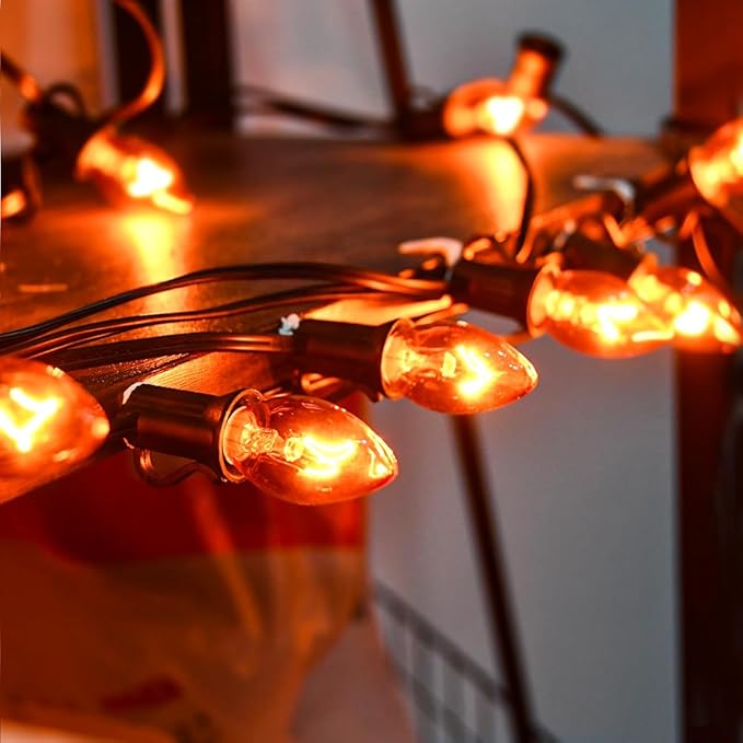 SUNSGNE 25 Pack C7 Orange Light Bulbs Halloween Christmas Replacement Bulbs, C7 Clear Orange Incandescent Light Bulbs for Outdoor Patio Xmas String Lights, E12/C7 Candelabra Base, 5 Watts
