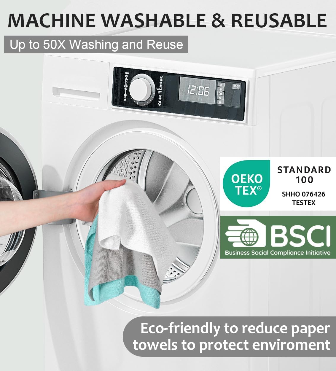 UPSTAR Microfiber Cleaning Cloth, Reusable Paper Towels Rolls, Cleaning Rags for Washing Dishes, Kitchen,Bathroom, 12x12 inch,50 Packs/Roll, White