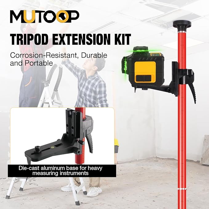 12Ft/3.7M Professional Telescoping Laser Level Pole with Tripod & Laser Mount - 1/4"-20 & 5/8"-11 Adapters, Adjustable Laser Pole Mount for Rotary/Line Lasers(Red)