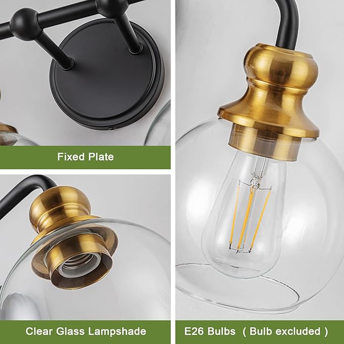 Black and Gold 4-Light Bathroom Vanity Fixture with Clear Glass Shades Modern Wall Lamp Suitable for Bathrooms, Dressing Rooms
