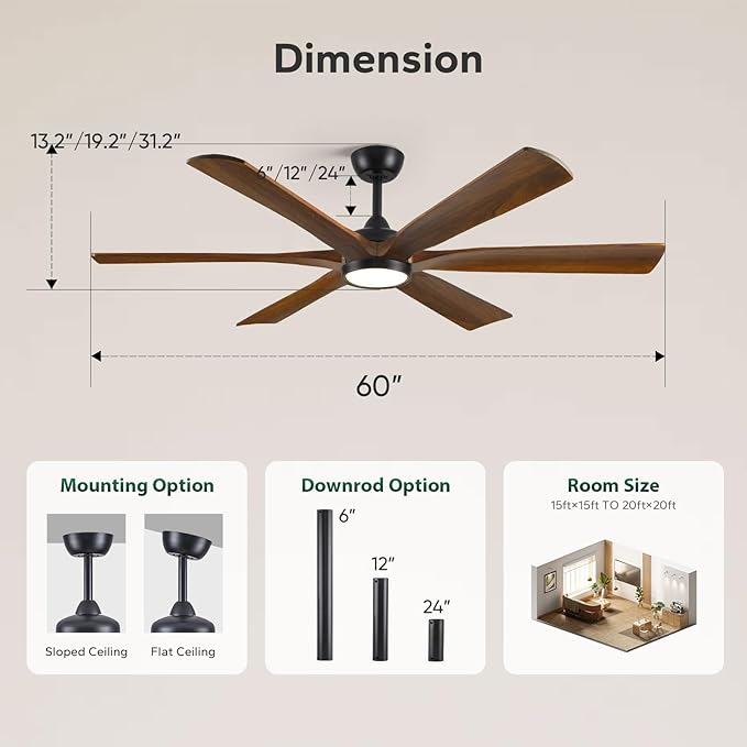 60 Inch Indoor Outdoor Ceiling Fan with Light and Remote - 6 Solid Wood Blades, High CFM Quiet Reversible Energy Efficient DC Motor, 6/12/24 Inch Down-rod, Damp-rated for Patios Porch Gazebo Garage