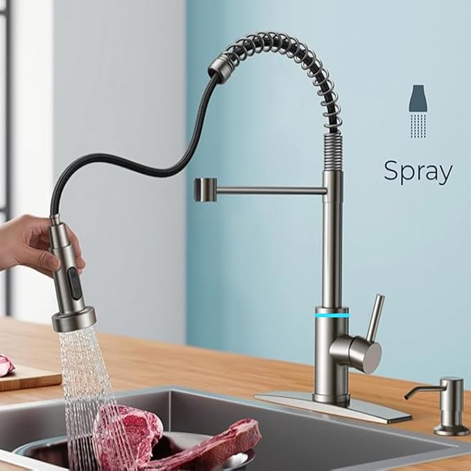 Smart Kitchen Faucet, 3 Modes Pull Down Sprayer, LED Temperature Control, Ceramic Valve, 360-Degree Rotation, 1 or 3 Hole Deck Plate. 10-Year Warranty. (KW-56SN, Brushed Nickel)