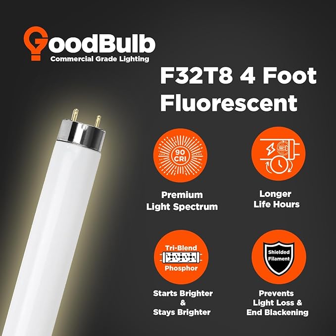 GoodBulb 32W 48 Inch T8 Fluorescent Light Bulb 3000K Warm White Medium Bi-Pin Base 3050 Lumens 86 CRI 24000 Life Hours Instant/Programmed Start (Pack of 25)