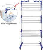 Bigzzia Clothes Drying Rack, Folding Stainless Steel Drying Rack Clothing Indoor Outdoor, Space-Saving, 4 Tier Laundry Drying Rack with Two Side Wings Grey Blue