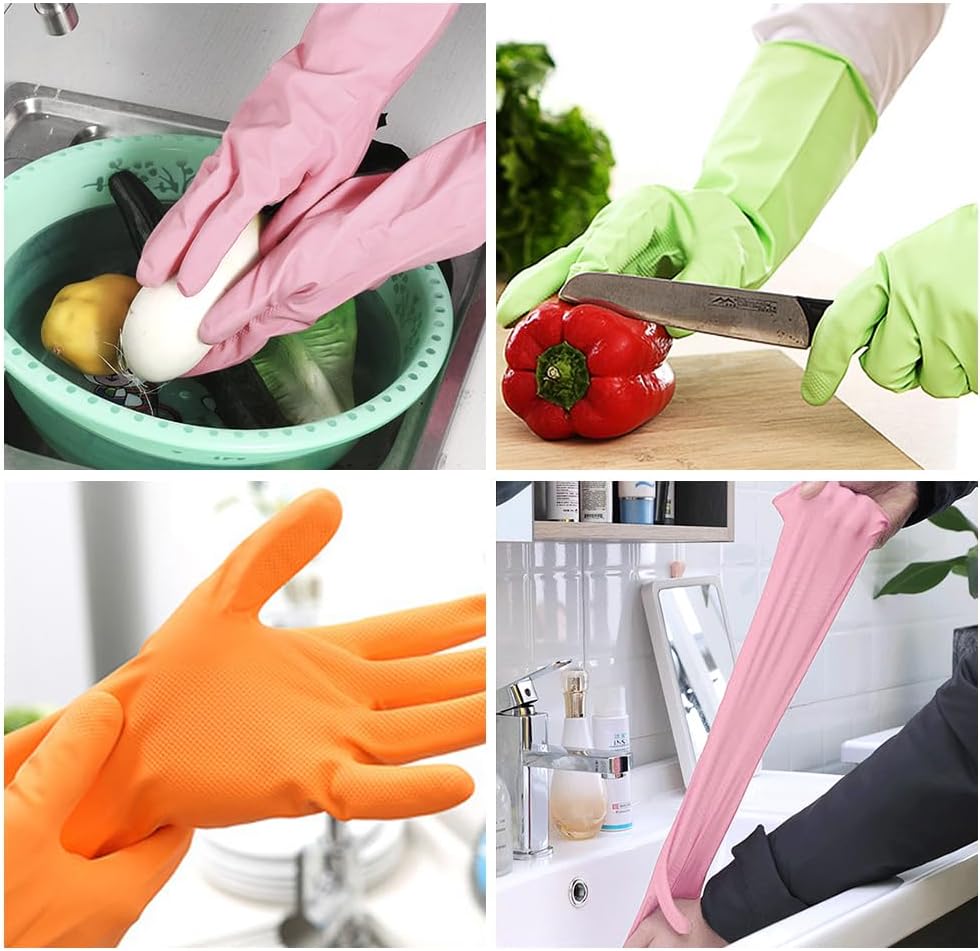 Alimat PluS 3 Colors Rubber Dishwashing Gloves Without Liner, Reusable Cleaning Gloves Latex Free, Waterproof Household Cleaning Gloves for Laundry, Gardening(Large)