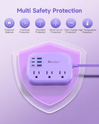 6 USB(3 USB C) Purple Travel Power Strip- 5Ft Purple Extension Cord with USB Charging Station 24W and 3 Outlets, Pink Desk Accessories for Cruise Travel Cute Kawaii Lavender Home Office Dorm Room
