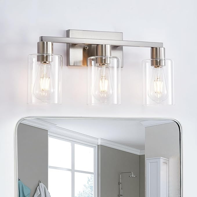 3-Light Vanity Lights,Brushed Nickel Vanity Light,with Clear Glass Shade for Bathroom Light Fixtures, Bathroom Light Fixtures Over Mirror