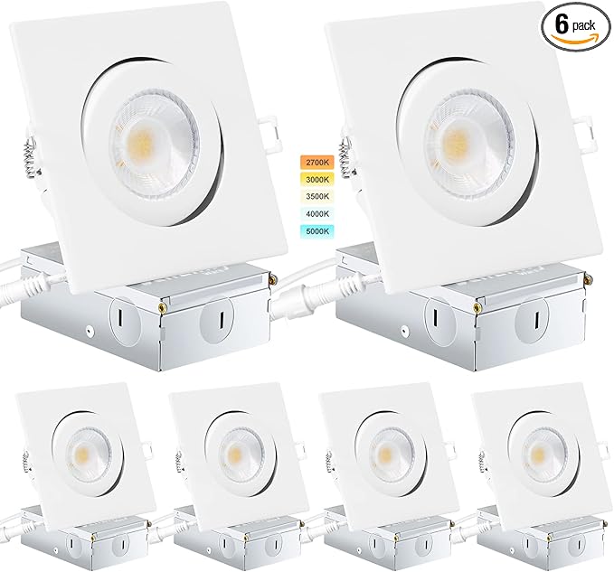Square Recessed Lighting 4 inch 6 Pack,Canless Eyeball Recessed Lights,dimmable, 5CCT Selectable,9W 750LM