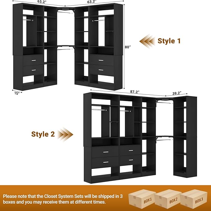 Large Corner Closet System with 3 Sets, 87.2" Closet Organizer System with 4 Drawers & 4 Hanging Rods, Reversible L Shaped Walk-in Closets, Load 2000+LBS, Black (87.2" L x 39.2" W x 80" H)