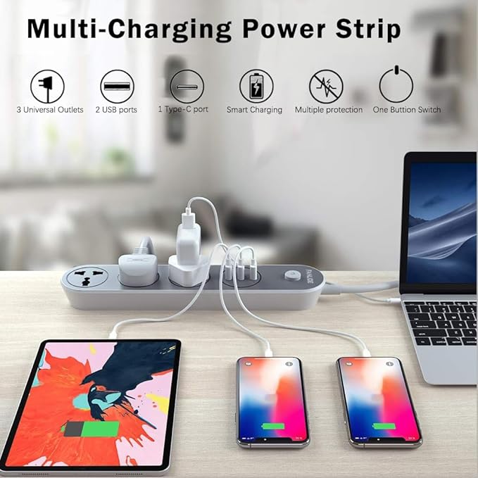 Power Strip with USB Ports, 6ft Power Cord, 2500W Circuit Breaker, 3 Outlets 3 Quick USB (5V 3.1A) Charging Station, Child Safe Door, for Cruise Ship,Dorm Room Multi Plug Extender
