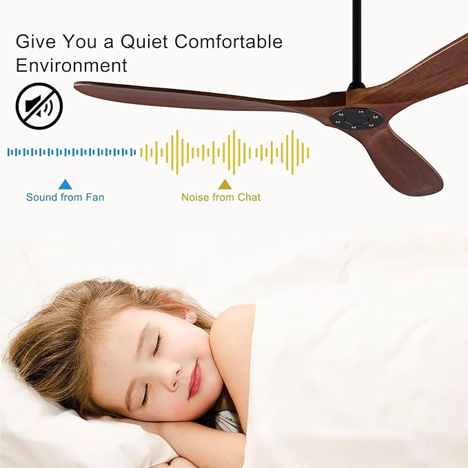 60 Inch Ceiling Fans Without Light, Solid Wood Ceiling Fan No Light with Remote and 3 Wood Blades,6 Speed Quiet DC Motor Indoor Outdoor Ceiling Fans for Patio, Living Room, Bedroom