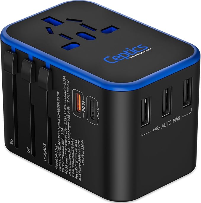 Ceptics Universal Travel Adapter, 35W International Power Adapter with PD & QC 3.0 Dual USB-C, 3 USB Travel Adapter Worldwide, Type I C G A Outlets 110V 220V A/C - EU Euro US UK (11-KU)