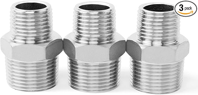 ChillWaves 304 Stainless Steel Pipe Fitting, Reducer Hex Nipple 1/2" NPT Male x 3/8" NPT Male Thread Adapter(3-PACK)