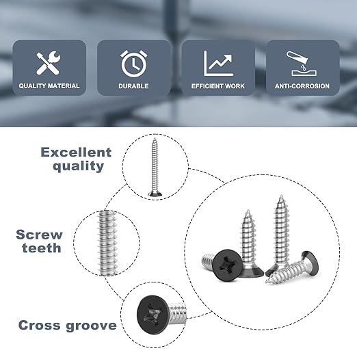 QISHENG 80 PCS Black Head #10 Stainless Steel Phillips Flat Head Wood Screws Assortment Set,Stainless Steel 18-8 A2(304) Screw,Home Screw Kit