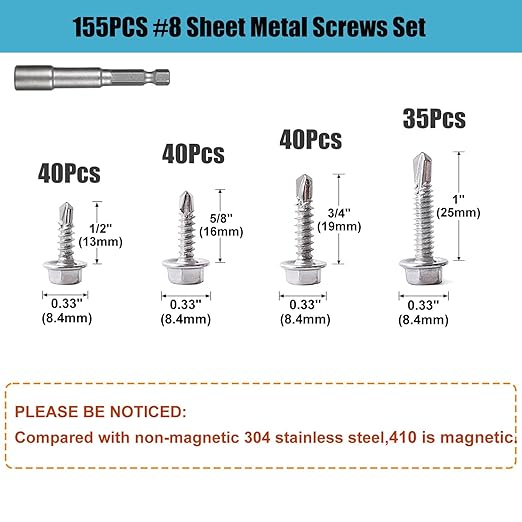 QSJ 155PCS #8 Sheet Metal Screws Set 410 Stainless Steel Hex Washer Head Fast Self Tapping Screws with Screwdriver Bit Silver
