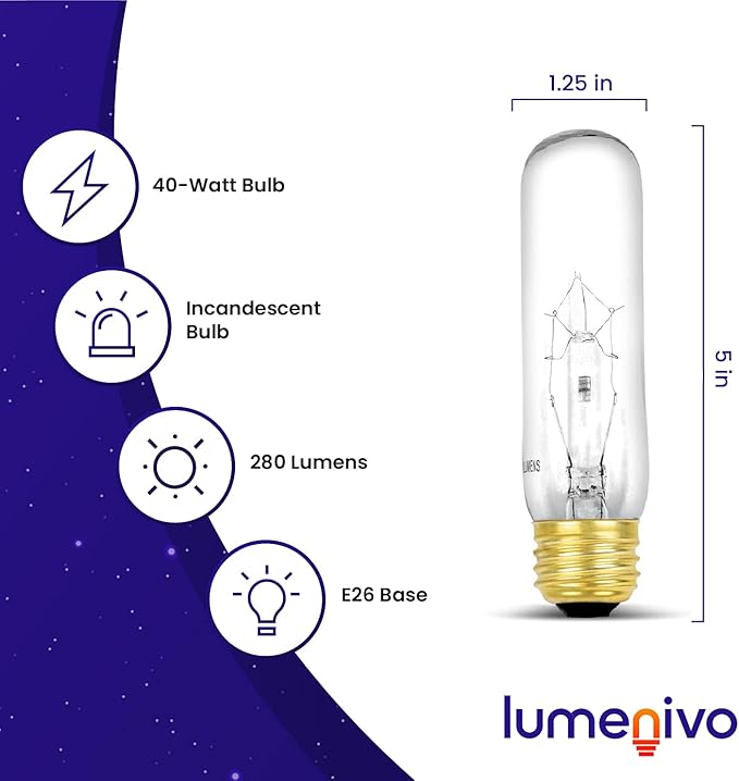 lumenivo Piano Light Bulb 40 watt 120 Volts 一 40T10/CL Light Bulb Display Replacement 一 T10 Bulb Medium Base (E26) 一 280 Lumen Clear Incandescent Bulb for Illuminated Display Units 一 1 Pack