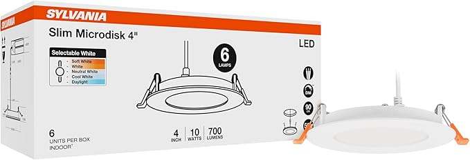 Sylvania 4" Slim Microdisk Downlight, 10W, 5 CCT Select (2700K - 5000K) Recessed Lighting, 700 LMS, 90 CRI, Dimmable, Wet-Rated, White - 6 Pack (61189)
