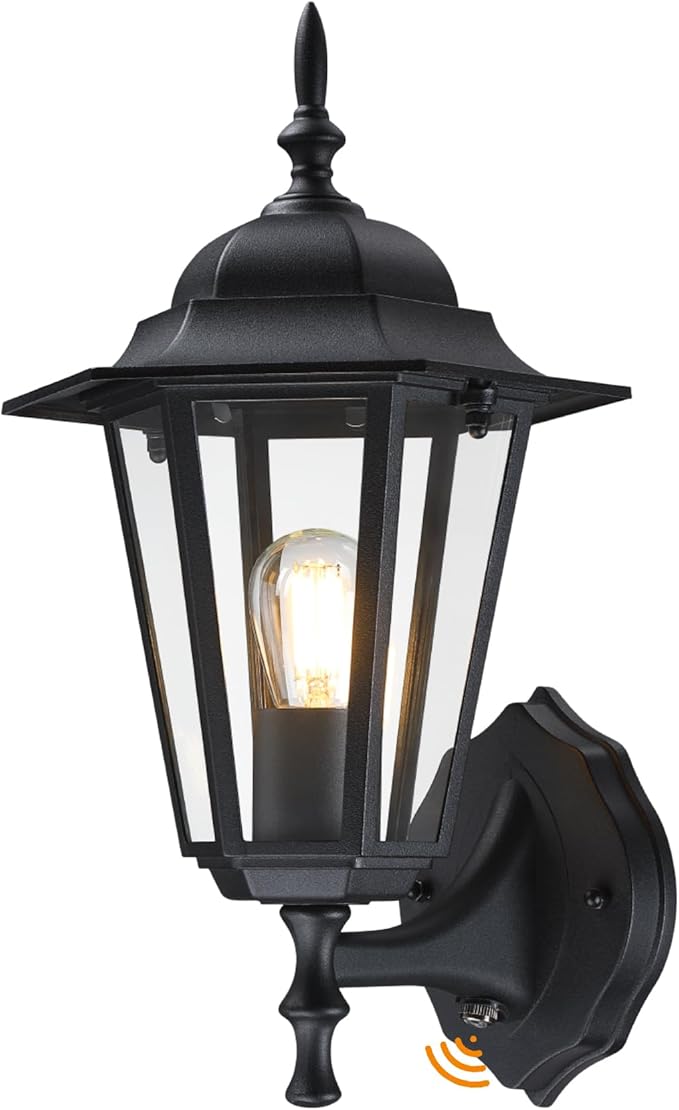 GRUENLICH Dusk to Dawn Outdoor Wall Sconce, Exterior Front Porch Lighting with Clear Glass, Black Aluminum Outside Coach Light for Patio Doorway Garage, 1 Pack
