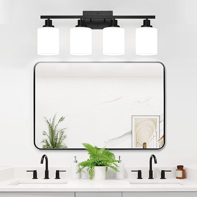 4-Light Bathroom Light Fixtures, Vanity Light with Milky White Shades, Matte Black Bathroom Light Fixtures Over Mirror, Modern Bathroom Wall Lamp for Mirror Living Room Cabinet Bedroom