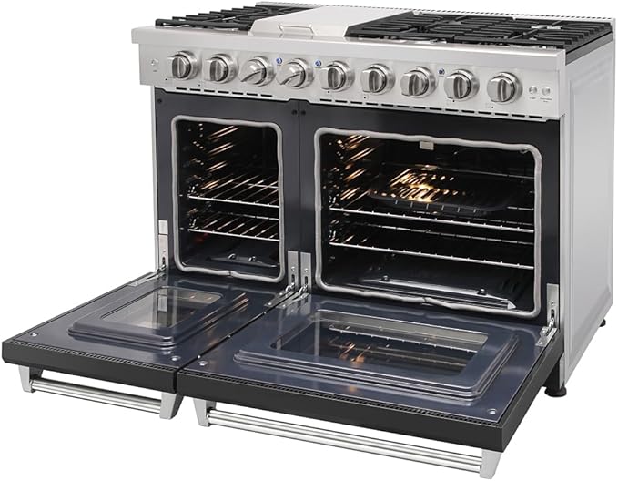 48 inch Pro-Style Natural Gas Range or Liquid Propane Gas Range with 6 Burners & 1 Griddle Cooktop, Double 4.6 cu. ft. and 2.2 cu. ft. Oven, in Stainless Steel - KOS-48RG03M (Black)