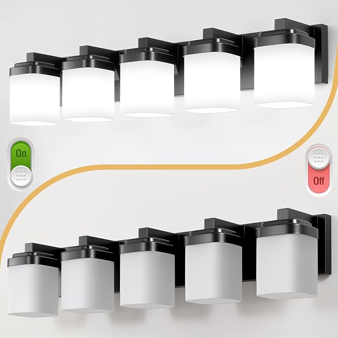 5-Light Black Bathroom Light Fixtures, E26 Base Vanity Lights for Bathroom Mirror Lamp with Milky White Square Glass Shade, Modern Wall Sconce Light Kitchen Light Fixtures Led Vanity