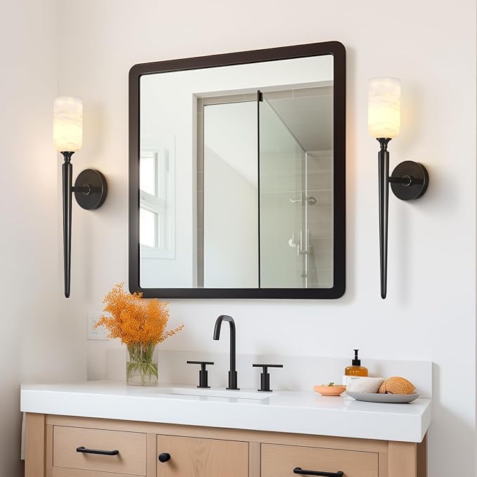 Alabaster Wall Sconce, Modern Bronze Bathroom Sconces, Marble Sconces Wall Lighting for Living Room Vanity Foyer Hallway Bedroom Staircase H-22in(Dimmable Bulb INCL)