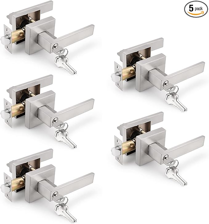 Gobrico 5 Pack Square Satin Nickel Entry Door Levers with Same Key,Keyed Alike Combo Locksets, Heavy Duty