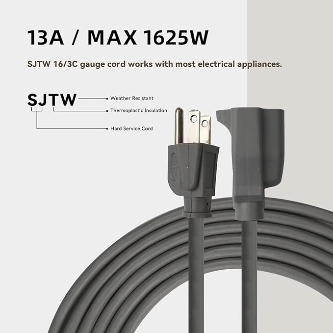 50ft Outdoor Extension Cord for Christmas Decorations- 16/3 Heavy Duty SJTW Waterproof Gray Electrical Cable with 3 Prong Grounded Plug for Safety, Great for Lawn and Major Appliances