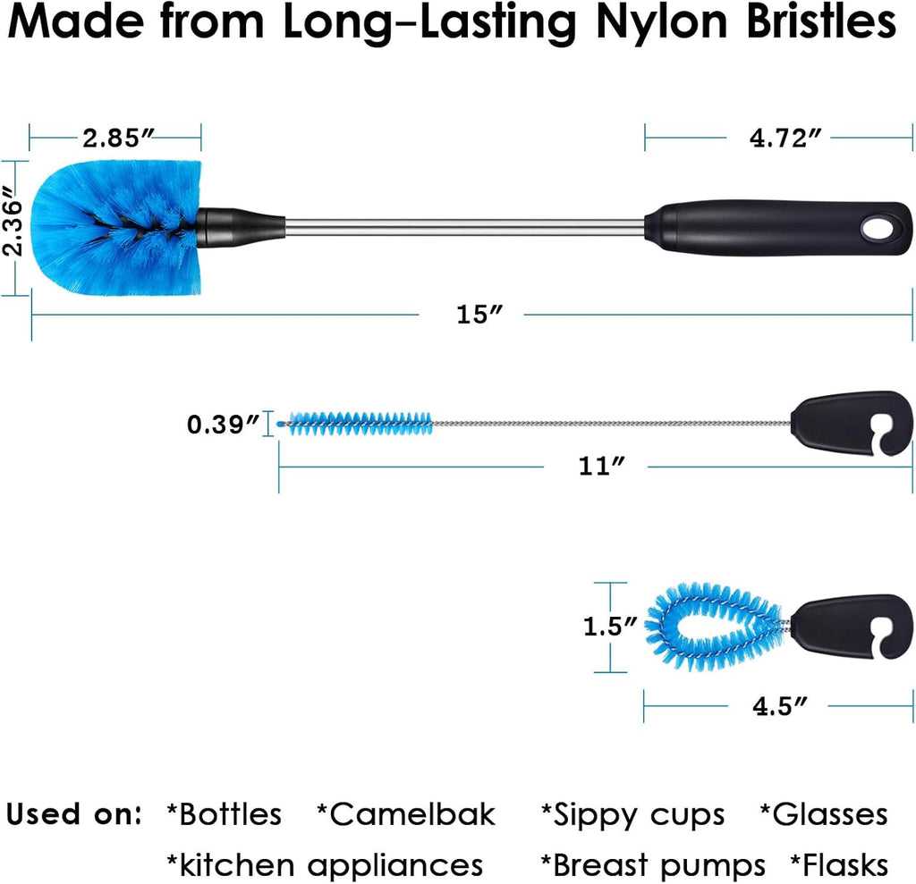 3-in-1 Stainless Steel Bottle Brush and Straw Cleaning Set, Long Handle Scrub Brush with Replaceable Head for Water Bottles, Glasswares, Mugs, Flasks, Tumblers, Vases, Round Head