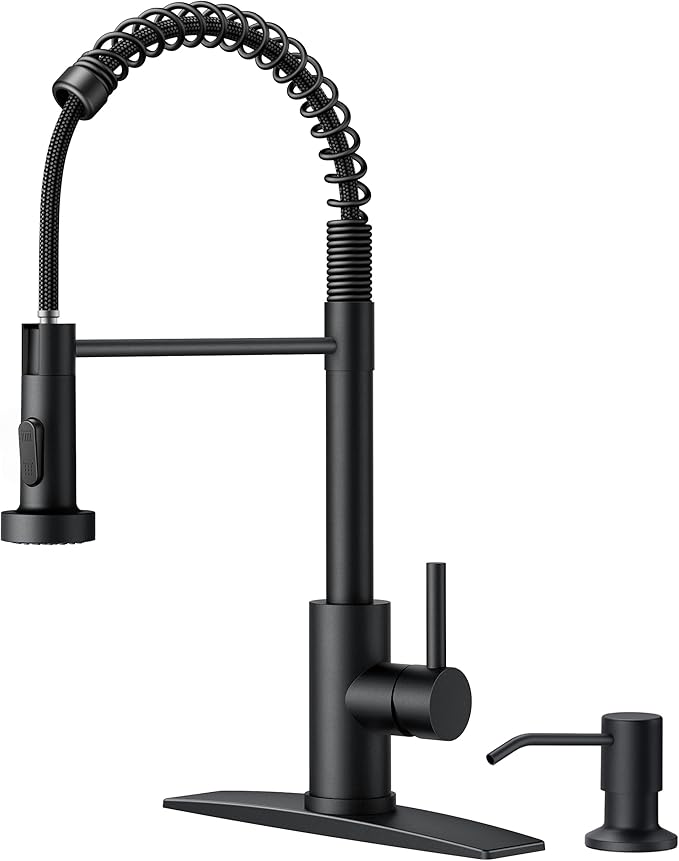 FORIOUS Black Kitchen Faucet with Soap Dispenser, Single Handle Stainless Steel Spring Sink Faucet with Pull Down Sprayer Transitional for Pot Filler, Farmhouse Camper Bar Laundry Room