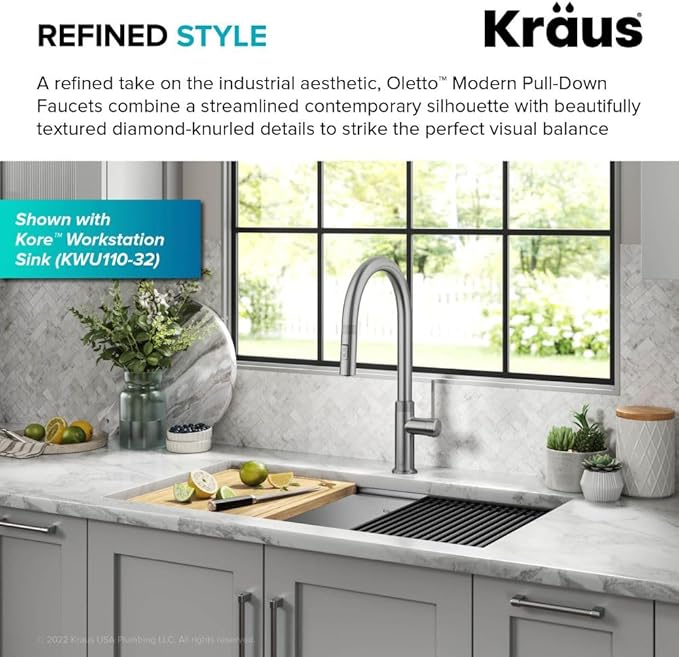 KRAUS Oletto Modern Industrial Pull-Down Single Handle Kitchen Faucet in Spot Free Stainless Steel, KPF-2654SFS