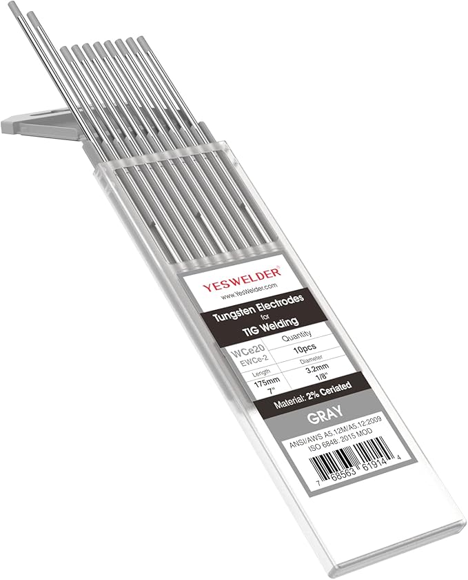 YESWELDER TIG Welding Tungsten Electrode 2% Ceriated 1/8" x 7" (Gray, WC20/EWCe-2) 10-pk